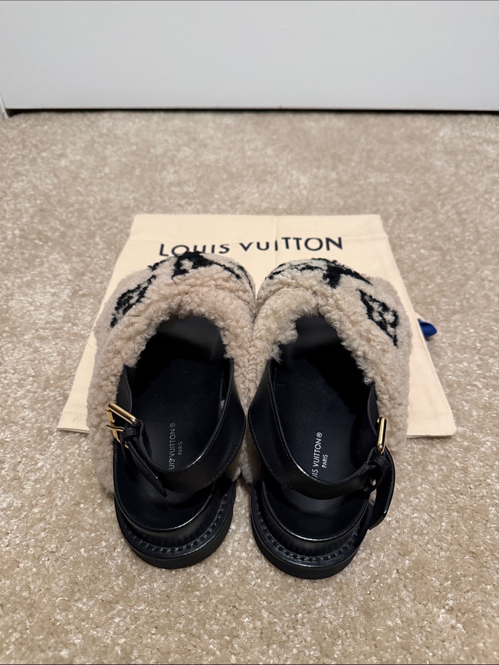 Louis Vuitton Beige Shearling Sandals with Black LV Motif - Picture 2 of 6